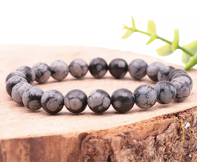 BRACELET BOULE 08MM OBSIDIENNE FLOCON DE NEIGE