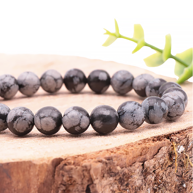 BRACELET BOULE 08MM OBSIDIENNE FLOCON DE NEIGE