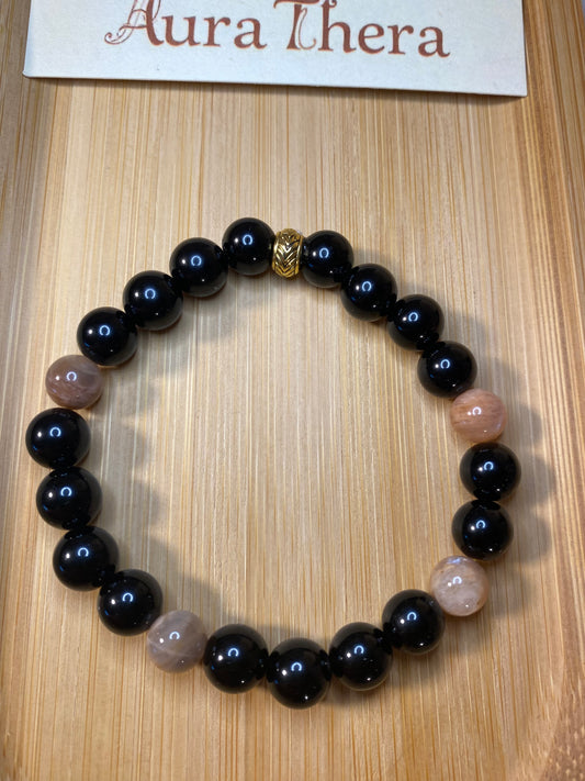Bracelet Fait Main – Obsidienne Noire & Pierre de Lune Multicolore