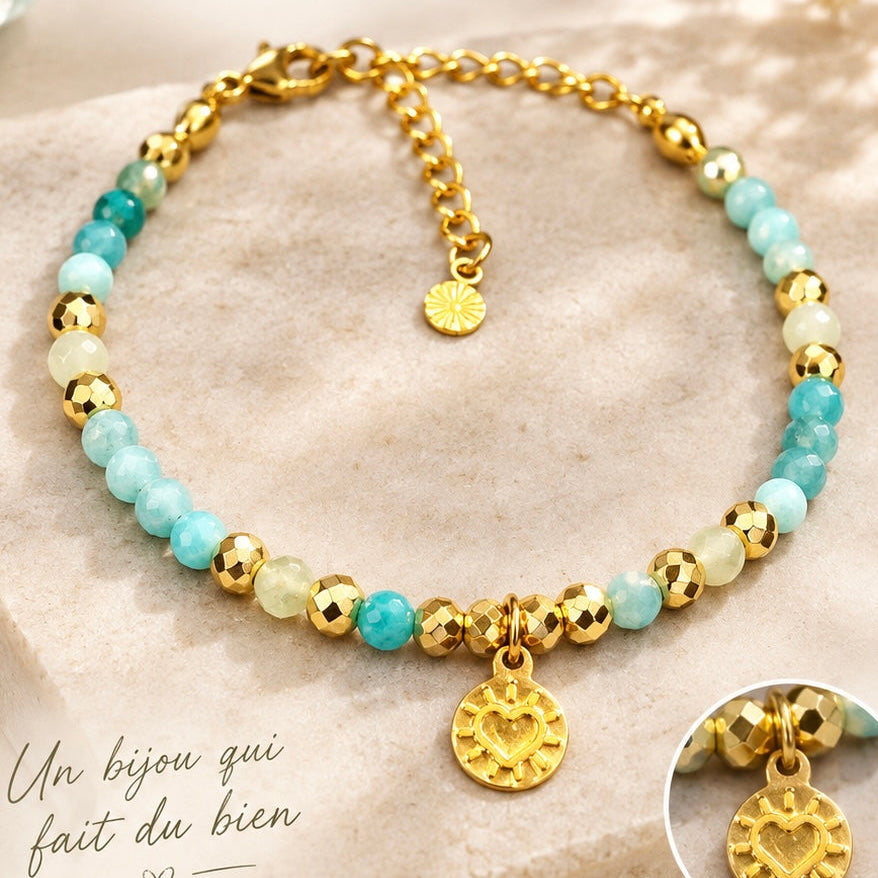 Bracelet Amazonite, Jade de Chine & Hématite dorée