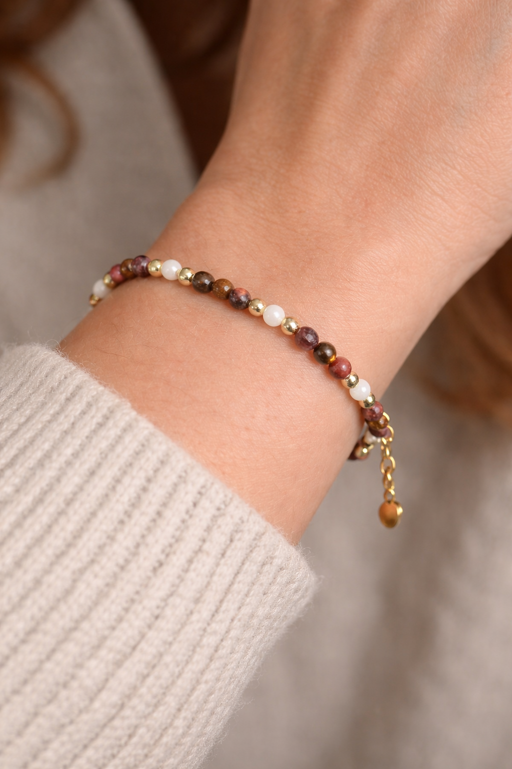 Bracelet Harmonie Rosée en Nacre, Rhodonite, Œil de Tigre & Hématite dorée