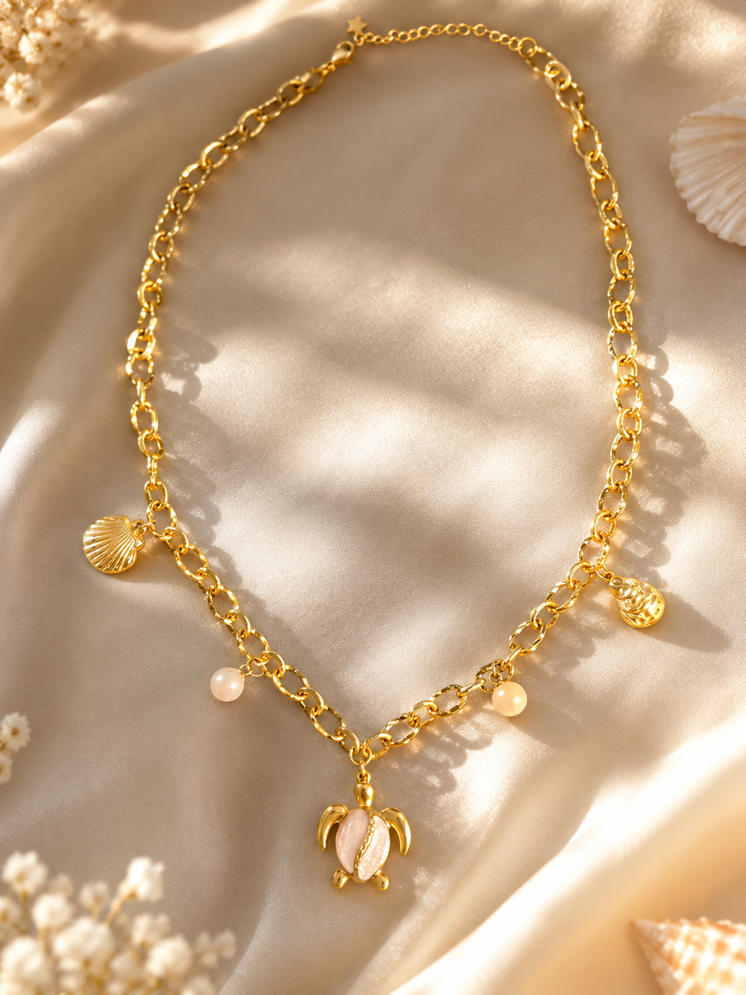 Collier Tortue Océane – Amazonite du Pérou & Acier inoxydable doré