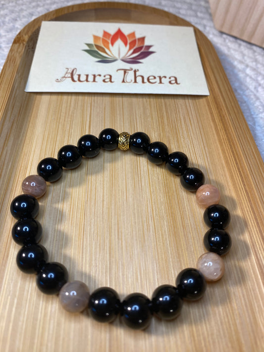 Bracelet Fait Main – Obsidienne Noire & Pierre de Lune Multicolore