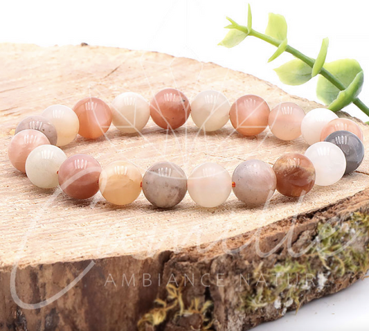 BRACELET BOULE 10MM PIERRE DE LUNE MULTICOLORE
