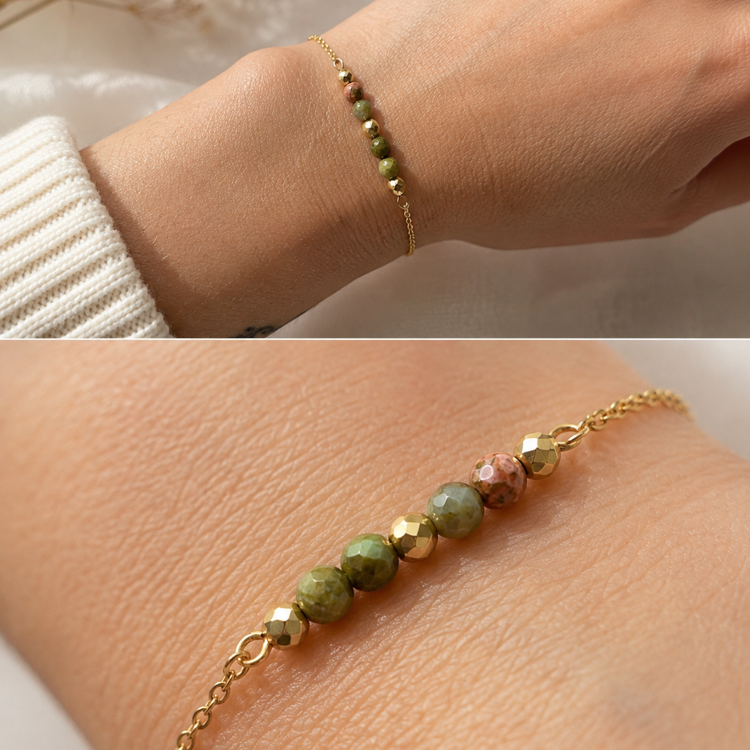 Bracelet fin en Unakite facettée & Hématite dorée – Acier inoxydable